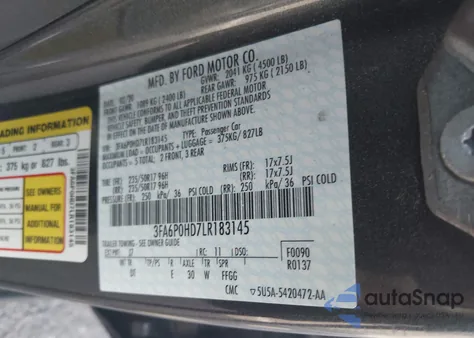 2020 Ford Fusion Se z USA, uszkodzony, nr VIN 3FA6P0HD7LR183145